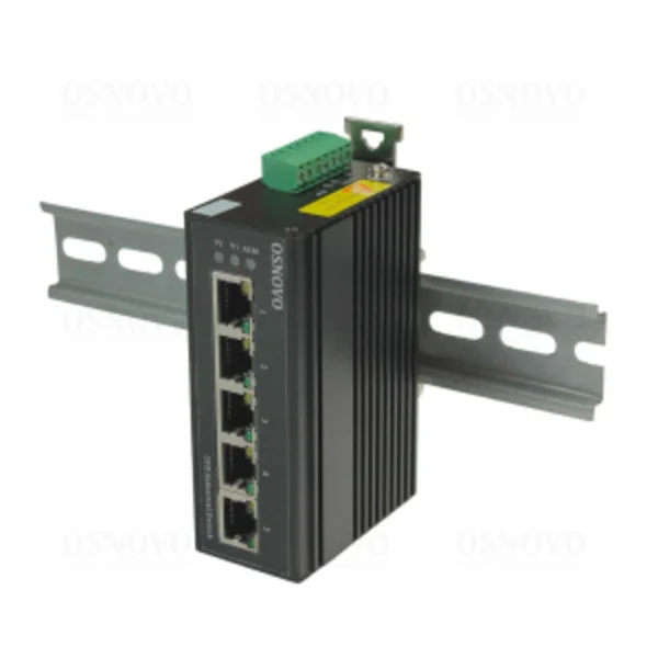 Компактный промышленный Ethernet коммутатор OSNOVO на 5FE RJ45 портов. Порты: 5 x FE (10/100Base-TX). Встроенная грозозащита 6 кВ.  Питание: 2 входа  DC12-60V. БП в комплект не входит. Монтаж на DIN-рейку (крепление в комплекте). Реле сигнализации отключения питания и разрыва соединения. Алюминиевый корпус.