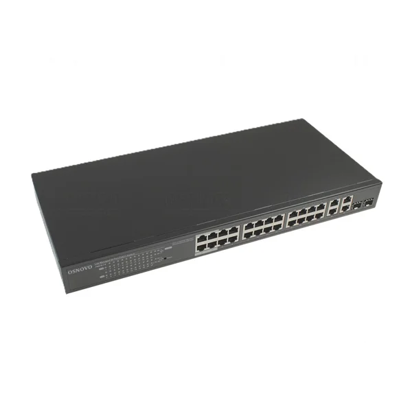 Web-управляемый PoE коммутатор  Osnovo Gigabit Ethernet на 28 портов. Порты: 4 x GE (10/100/1000Base-T) с PoE (до 90W, A+B) + 20 x GE (10/100/1000 Base-T) с PoE (до 30W) + 2 x GE Combo (1000BASE-T/1000Base-X) + 2 х GE (10/100/1000 Base-T)