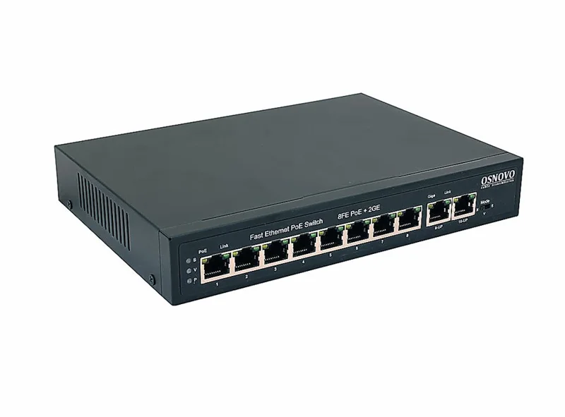 PoE коммутатор Fast Ethernet на 10 RJ45 портов. Порты: 8 x FE (10/100 Base-T) с поддержкой PoE (IEEE 802.3af/at), 2 x GE (10/100/1000 Base-T). Соответствует стандартам PoE IEEE 802.3af/at