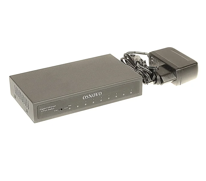 Коммутатор Osnovo Gigabit Ethernet на 8 RJ45 портов. Порты: 8 x GE (10/100/1000Base-TX). Изоляция портов (VLAN). Auto MDI/MDIX Встроенная грозозащита 3кВ. В комплекте БП DC12V(1A). Размеры (ШхВхГ): 138 x 25 x 80мм. Рабочая температура: -10...+55 гр.