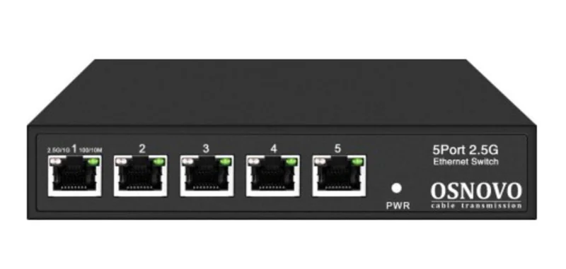 Коммутатор 2.5G Ethernet на 5 RJ45 портов. Порты: 5 x 2.5G (10/100/1000/2500Base-TX). Auto MDI/MDIX. Встроенная грозозащита 3кВ. В комплекте БП DC12V(2A). OSNOVO