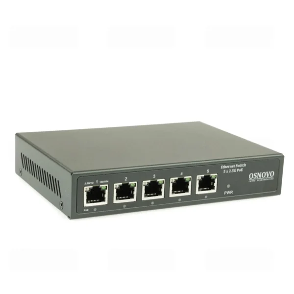 PoE коммутатор OSNOVO, 2.5G Ethernet на 5 RJ45 портов. Порты: 1 x 2.5G (10/100/1000/2500Base-TX) с PoE (до 60W, A+B) + 3 x 2.5G (10/100/1000/2500Base-TX) с PoE (до 30W), 1 x 2.5G (10/100/1000/2500Base-T). Соответствует стандартам PoE IEEE 802.3af/at/bt. Суммарная мощность PoE - до 60W. Поддержка MDI/MDIX. Встроенная грозозащита 3кВ. В комплекте БП DC52V(1,25A).
