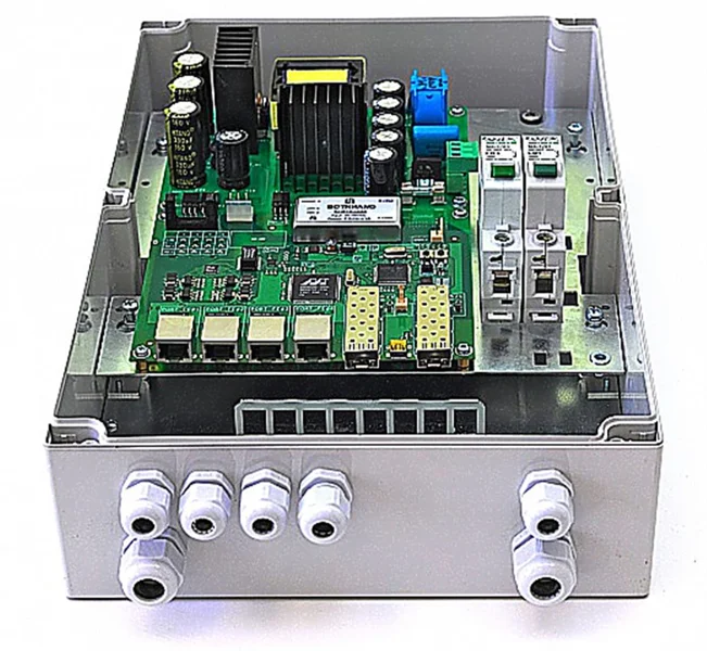 Уличный гигабитный оптический коммутатор TFortis с технологией РоЕ+; SFP 1000Base-X - 2 порта, RJ-45 10/100Base-Tx (PoE+ 60 Вт)- 4 порта; Суммарно 160 Вт; Поддержка Passive PoE