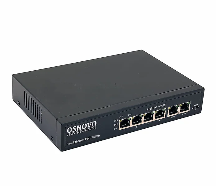 PoE коммутатор Fast Ethernet на 6 RJ45 портов. Порты: 4 х FE (10/100 Base-T) с поддержкой PoE (IEEE 802.3af/at), 2 x FE (10/100 Base-T) Uplink. Мощность PoE на порт - до 30W. Суммарная мощность PoE -  до 80W